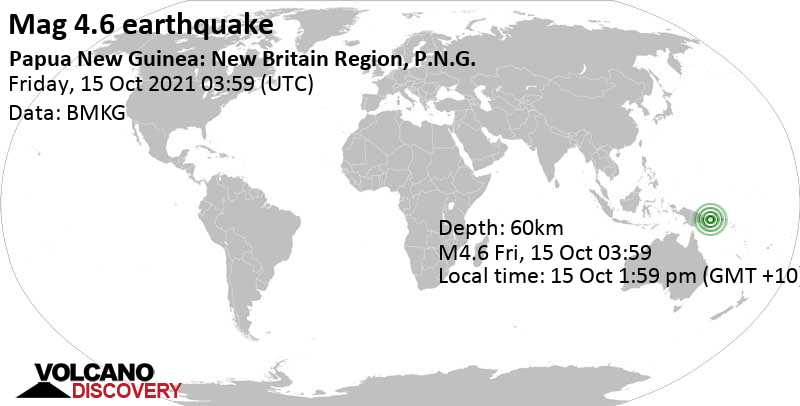 Leichtes Erdbeben der Stärke 4.6 - Solomon Sea, Papua-Neuguinea, am Freitag, 15. Okt 2021 um 13:59 Lokalzeit