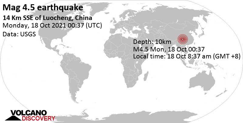 Terremoto moderado mag. 4.5 - 14 km SSE of Luocheng, Sichuan, China, lunes, 18 oct 2021 08:37 (GMT +8)
