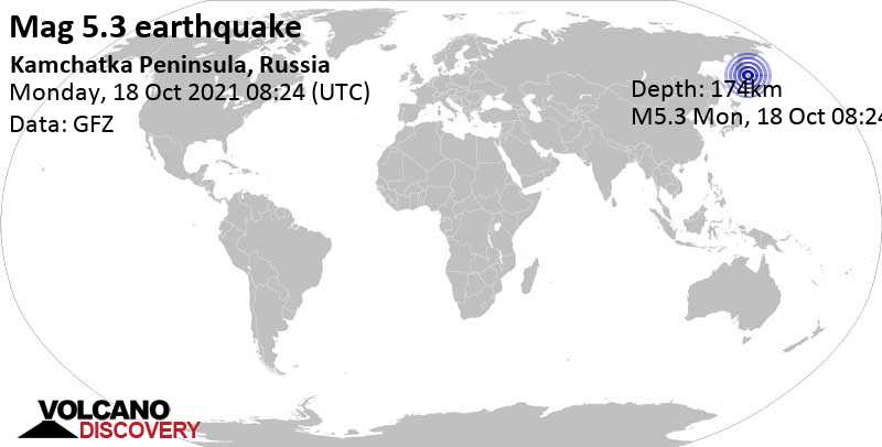 Moderates Erdbeben der Stärke 5.3 - Kamchatka Peninsula, Russia, am Montag, 18. Okt 2021 um 20:24 Lokalzeit