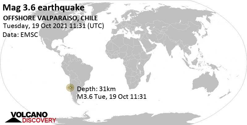 Séisme faible mag. 3.6 - South Pacific Ocean, Chili, mardi, 19 oct. 2021 06:31 (GMT -5)