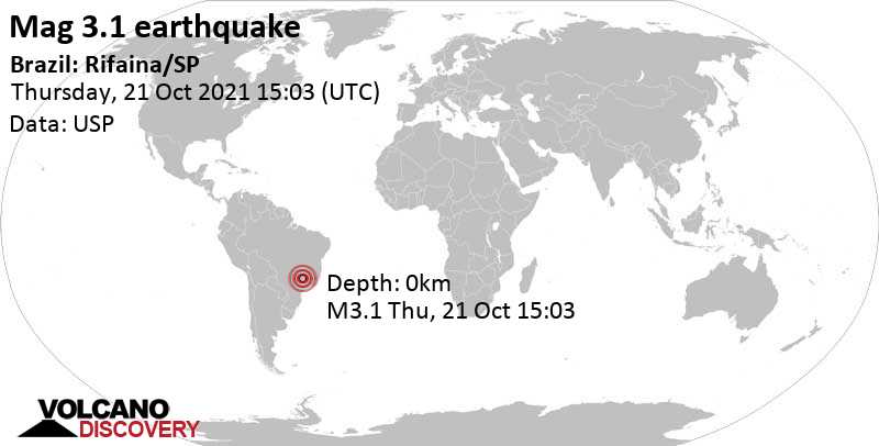 Light mag. 3.1 earthquake - 25 km southeast of Sacramento, Minas Gerais, Brazil, on Thursday, Oct 21, 2021 at 12:03 pm (GMT -3)