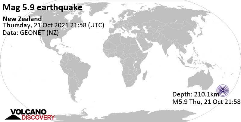 Moderates Erdbeben der Stärke 5.9 - 73 km östlich von New Plymouth, Taranaki, Neuseeland, am Freitag, 22. Okt 2021 um 10:58 Lokalzeit