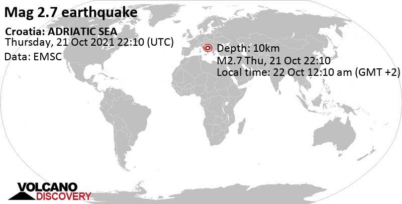 Schwaches Erdbeben Stärke 2.7 - Adriatisches Meer, 98 km südlich von Split, Kroatien, am Freitag, 22. Okt 2021 um 00:10 Lokalzeit