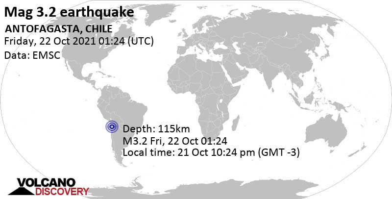 Minor mag. 3.2 earthquake - 65 km north of Calama, Provincia de El Loa, Antofagasta, Chile, on Thursday, Oct 21, 2021 at 10:24 pm (GMT -3)