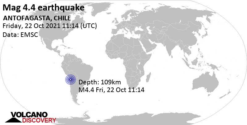 Light mag. 4.4 earthquake - 44 km northwest of Calama, Provincia de El Loa, Antofagasta, Chile, on Friday, Oct 22, 2021 at 8:14 am (GMT -3)
