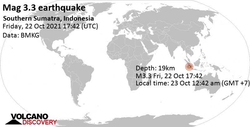 Light mag. 3.3 earthquake - Indian Ocean, 58 km south of Benkulu, Bengkulu, Indonesia, on Saturday, Oct 23, 2021 at 12:42 am (GMT +7)