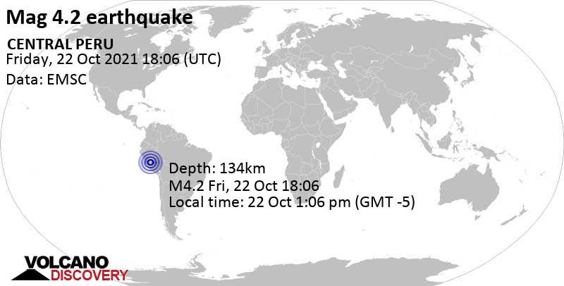 Light mag. 4.2 earthquake - 19 km north of Satipo, Junin, Peru, on Friday, Oct 22, 2021 at 1:06 pm (GMT -5)