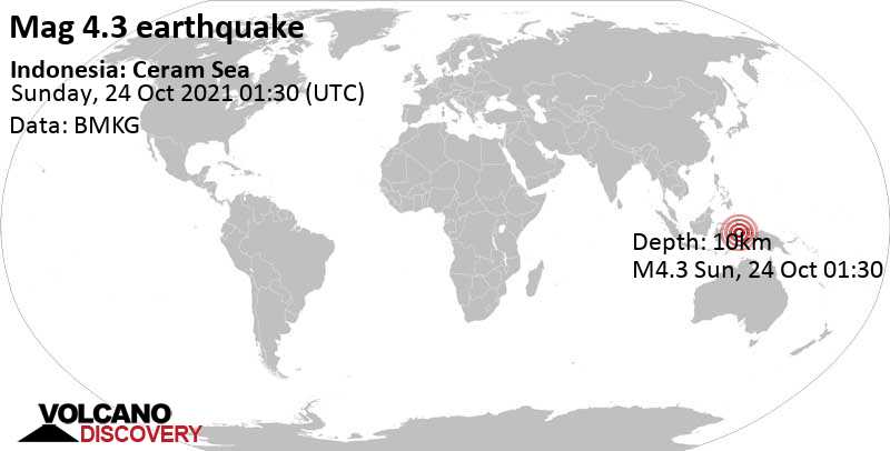 Умеренное землетрясение маг. 4.3 - Серам (море), 76 km к северу от Amahai, Индонезия, Воскресенье, 24 окт 2021 10:30 (GMT +9)