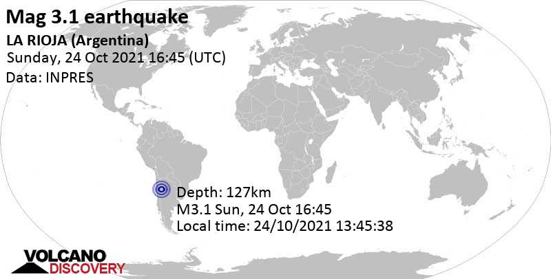 Minor mag. 3.1 earthquake - 37 km north of Chilecito, La Rioja, Argentina, on Sunday, Oct 24, 2021 at 1:45 pm (GMT -3)