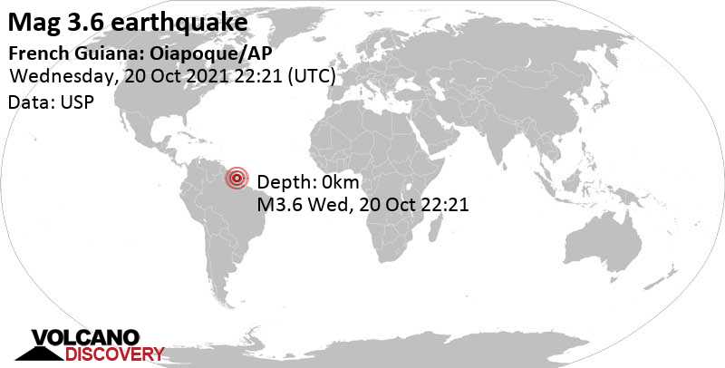 Moderate mag. 3.6 earthquake - 255 km south of Cayenne, Guyane, French Guiana, on Wednesday, October 20, 2021 at 22:21 GMT