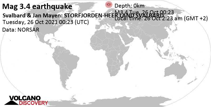 Слабое землетрясение маг. 3.4 - Баренцево море, 123 km к юго-востоку от Лонгйир, Шпицберген, Вторник, 26 окт 2021 02:23 (GMT +2)