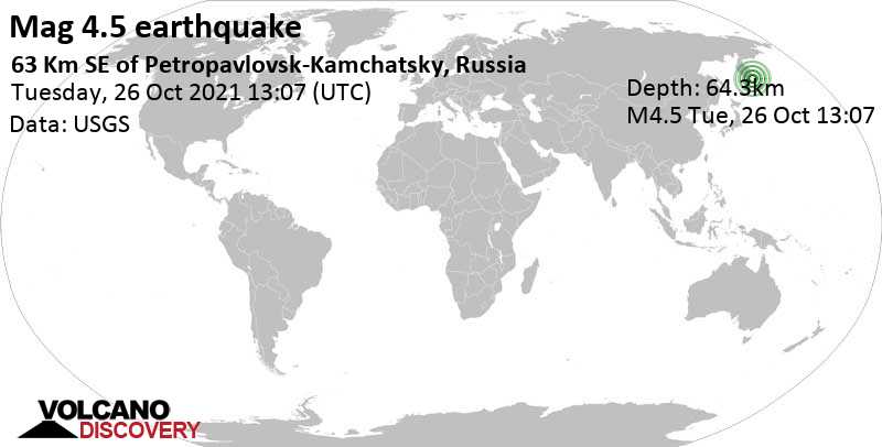Leichtes Erdbeben der Stärke 4.5 - Nordpazifik, 64 km südöstlich von Petropawlowsk-Kamtschatski, Kamtschatka, Russland, am Mittwoch, 27. Okt 2021 um 00:07 Lokalzeit