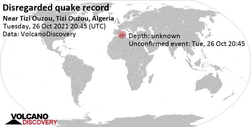 Reported seismic-like event (likely no quake): 22 km southeast of Tizi Ouzou, Algeria, Tuesday, Oct 26, 2021 at 9:45 pm (GMT +1)