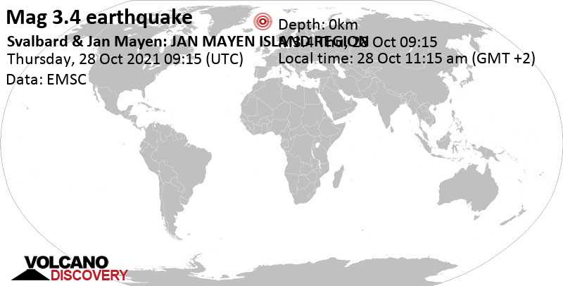 Light mag. 3.4 earthquake - Norwegian Sea, 74 km east of Olonkinbyen, Jan Mayen, on Thursday, Oct 28, 2021 at 11:15 am (GMT +2)