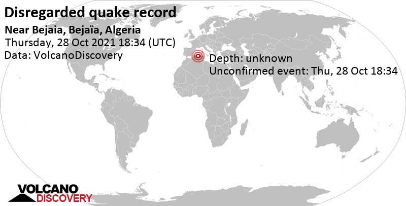 Événement inconnu (à l\'origine signalé comme tremblement de terre): 8.4 km au sud-est de Béjaïa, Bejaia, Algérie, jeudi, 28 oct. 2021 19:34 (GMT +1)