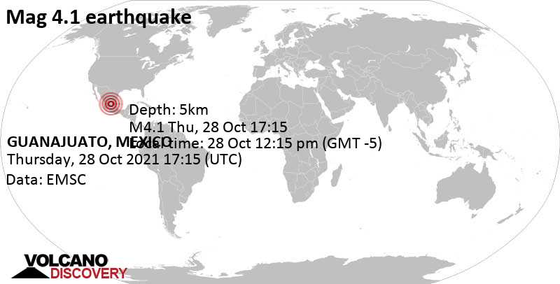 Μέτριος σεισμός μεγέθους 4.1 - Guanajuato, 50 km νότια από Σαν Λουίς Ποτοσί, Μεξικό, Πέμπτη, 28 Οκτ 2021 12:15 (GMT -5)