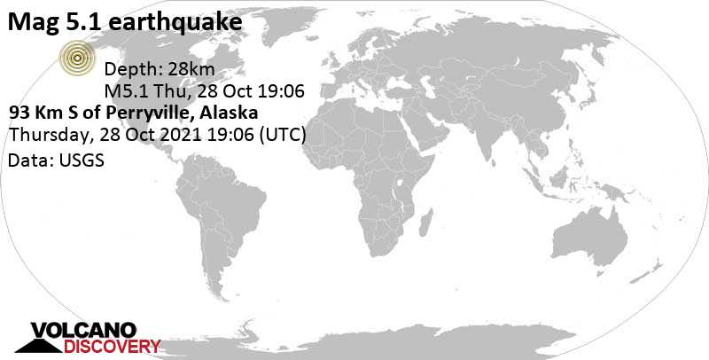 Séisme modéré mag. 5.1 - 107 km à l\'est de Sand Point, Arrondissement d\'Aleutians East, Alaska, États-Unis, jeudi, 28 oct. 2021 11:06 (GMT -8)