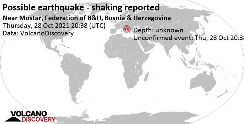 Sismo o evento similar a un terremoto reportado: 18 km al oeste de Mostar, Bosnia y Herzegovina, jueves, 28 oct 2021 22:38 (GMT +2)