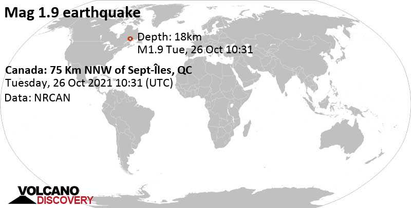 Sehr schwaches Beben Stärke 1.9 - 77 km nordwestlich von Sept-Iles, Côte-Nord, Quebec, Kanada, am Dienstag, 26. Okt 2021 um 10:31 GMT