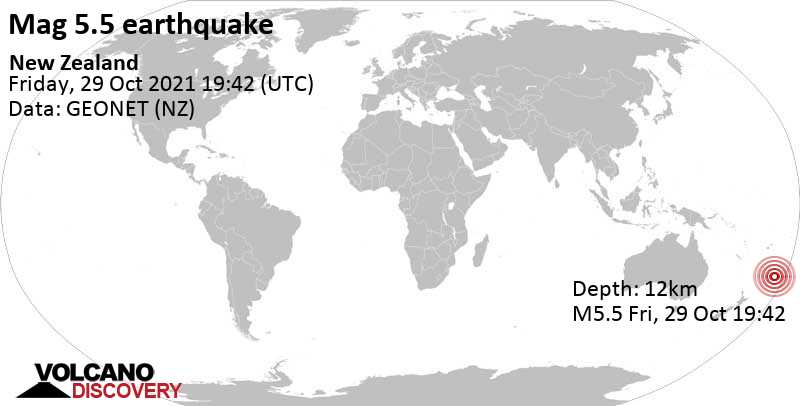 Tremblement de terre fort magnitude 5.5 - South Pacific Ocean, Nouvelle-Zélande, samedi, 30 oct. 2021 08:42 (GMT +13)