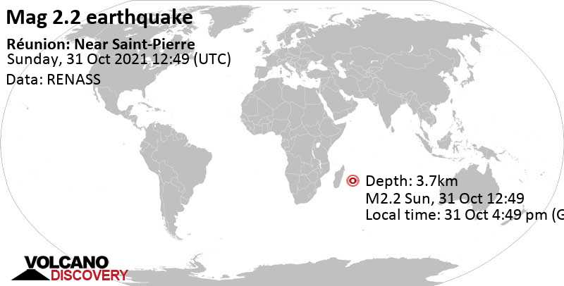 Weak mag. 2.2 earthquake - 24 km northeast of Saint-Joseph, Reunion, Réunion, on Sunday, Oct 31, 2021 at 4:49 pm (GMT +4)