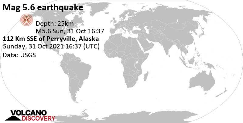 Starkes Beben der Stärke 5.6 - 121 km östlich von Sand Point, Aleutians East, Alaska, USA, am Sonntag, 31. Okt 2021 um 08:37 Lokalzeit