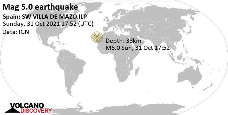 Moderate mag. 5.0 earthquake - La Palma Island, 14 km southeast of Los Llanos de Aridane, Spain, on Sunday, Oct 31, 2021 at 5:52 pm (GMT +0)