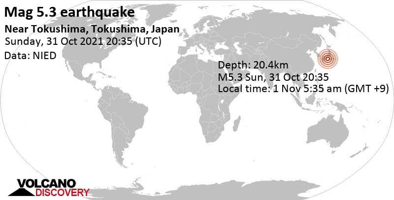 Starkes Beben der Stärke 5.3 - Philippine Sea, 62 km südöstlich von Tanabe, Präfektur Wakayama, Japan, am Montag,  1. Nov 2021 um 05:35 Lokalzeit