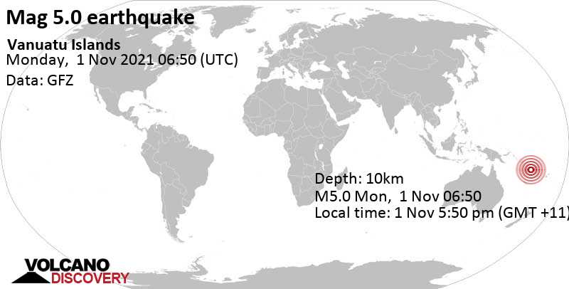 Terremoto forte mag. 5.0 - Coral Sea, 39 km a sud ovest da Sola, Torba, Vanuatu, lunedì,  1 nov 2021 17:50 (GMT +11)
