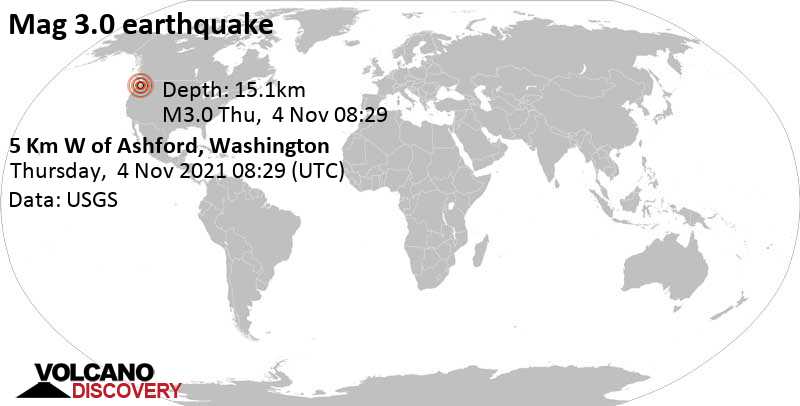 Weak mag. 3.0 earthquake - 22 mi southeast of Graham, Pierce County, Washington, USA, on Thursday, Nov 4, 2021 at 1:29 am (GMT -7)