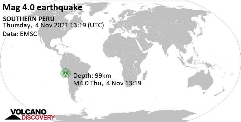 Light mag. 4.0 earthquake - 85 km northwest of Camana, Arequipa, Peru, on Thursday, Nov 4, 2021 at 8:19 am (GMT -5)