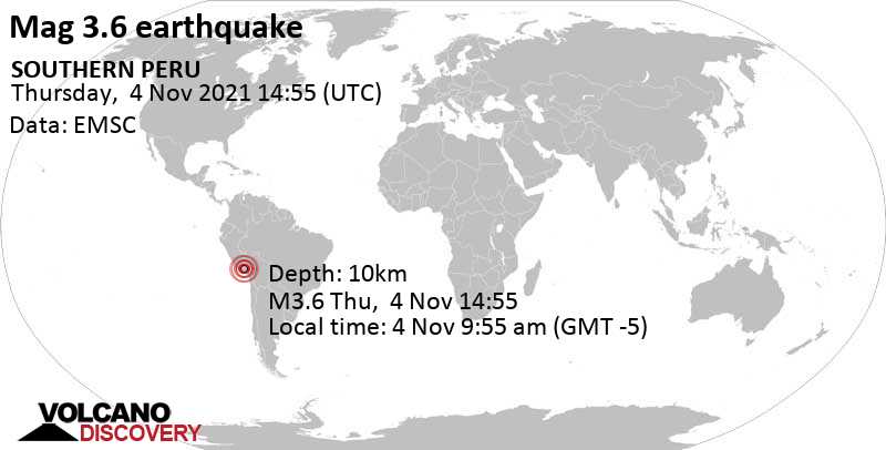 Light mag. 3.6 earthquake - 90 km northwest of Arequipa, Peru, on Thursday, Nov 4, 2021 at 9:55 am (GMT -5)