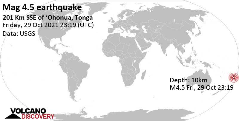 Séisme modéré mag. 4.5 - South Pacific Ocean, 234 km au sud-est de Nukalofa, Nuku\'alofa, Tongatapu, vendredi, le 29 octobre 2021 23:19