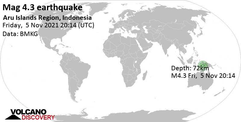 Leichtes Erdbeben der Stärke 4.3 - Aru Sea, 90 km südöstlich von Tual, Maluku, Indonesien, am Samstag,  6. Nov 2021 um 05:14 Lokalzeit