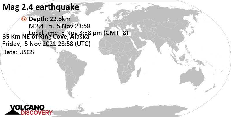 Séisme mineur mag. 2.4 - 35 Km NE of King Cove, Alaska, vendredi,  5 nov. 2021 15:58 (GMT -8)