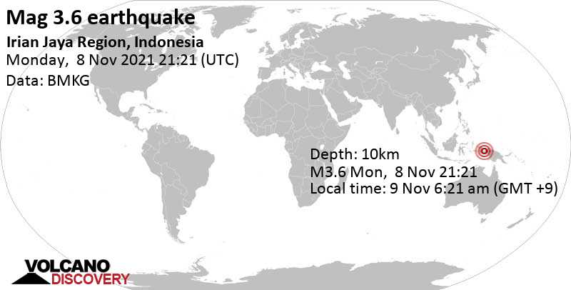 Séisme faible mag. 3.6 - 11 km au sud-ouest de Nabire, Papua, Indonésie, mardi,  9 nov. 2021 06:21 (GMT +9)