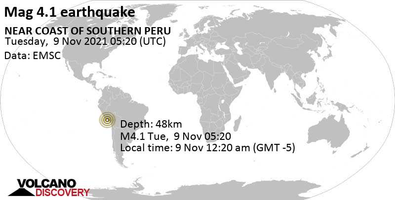 Light mag. 4.1 earthquake - 85 km northwest of Camana, Arequipa, Peru, on Tuesday, Nov 9, 2021 at 12:20 am (GMT -5)