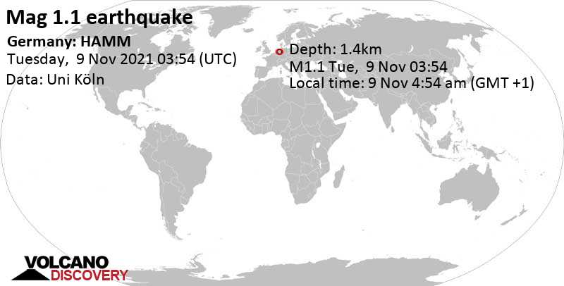 Minor mag. 1.1 earthquake - Germany: HAMM on Tuesday, Nov 9, 2021 at 4:54 am (GMT +1)