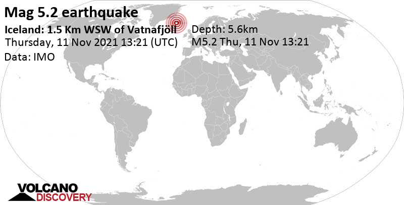 Сильное землетрясение магнитудой 5.2 - Iceland: 1.5 Km WSW of Vatnafjöll, Четверг, 11 ноя 2021 13:21 (GMT +0)