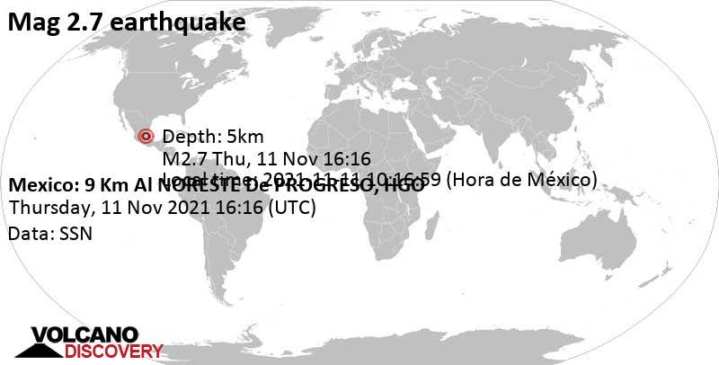 Слабое землетрясение маг. 2.7 - 7.9 km к северо-востоку от Progreso de Alvaro Obregon, Мексика, Четверг, 11 ноя 2021 10:16 (GMT -6)