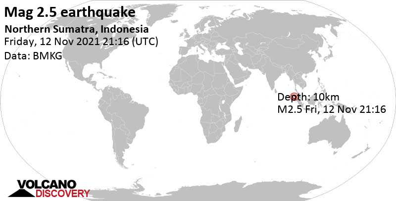 Αδύναμος σεισμός μεγέθους 2.5 - 105 km βορειοδυτικά από Singkil, Aceh, Ινδονησία, Σάββατο, 13 Νοε 2021 04:16 (GMT +7)