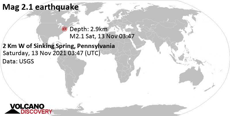 Weak mag. 2.1 earthquake - 2 Km W of Sinking Spring, Pennsylvania, on Friday, Nov 12, 2021 at 10:47 pm (GMT -5)