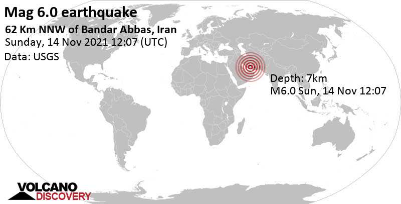 Terremoto molto forte magnitudine 6.0 - 63 km a nord da Bandar Abbas, Hormozgan, Iran, domenica, 14 nov 2021 15:37 (GMT +3:30)