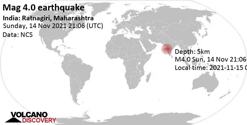 Moderate mag. 4.0 earthquake - 24 km south of Koynanagar, Satara, Maharashtra, India, on Monday, Nov 15, 2021 at 2:36 am (GMT +5:30)