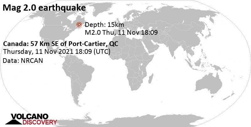 Μικρός σεισμός μεγέθους 2.0 - 63 km νότια από Sept-Iles, Côte-Nord, Quebec, Καναδάς, Πέμ, 11 Νοε 2021 18:09 GMT