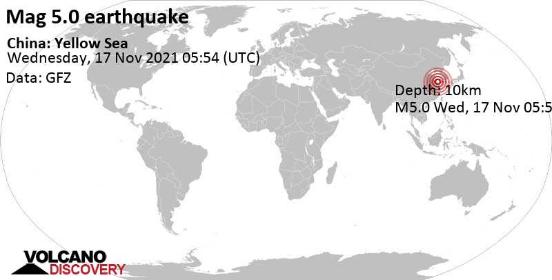 Fuerte terremoto magnitud 5.0 - Yellow Sea, 77 km ENE of Dazhong, Jiangsu, China, miércoles, 17 nov 2021 13:54 (GMT +8)