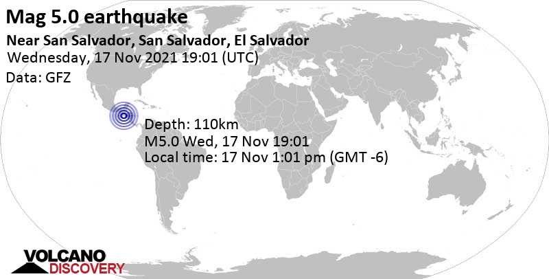 Moderate mag. 5.0 earthquake - Departamento de Ahuachapan, 24 km west of Sonsonate, El Salvador, on Wednesday, Nov 17, 2021 at 1:01 pm (GMT -6)