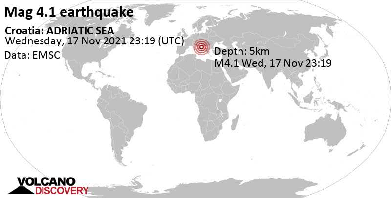 Умеренное землетрясение маг. 4.1 - Адриатическое море, Хорватия, 96 km к северу от Манфредония, Италия, Четверг, 18 ноя 2021 00:19 (GMT +1)