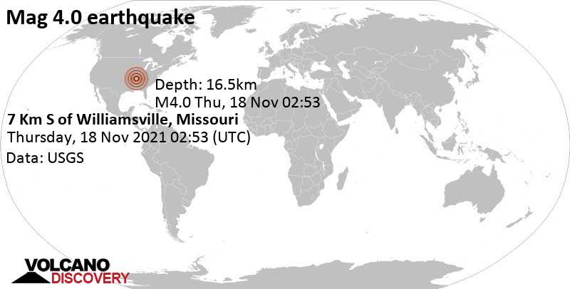 Ελαφρύς σεισμός μεγέθους 4.0 - 21 km βορειοδυτικά από Poplar Bluff, Butler County, Μιζούρι, Ηνωμένες Πολιτείες, Τετάρτη, 17 Νοε 2021 20:53 (GMT -6)