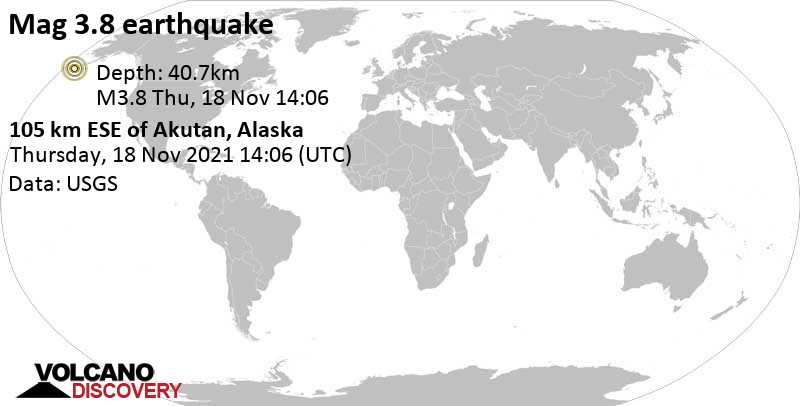 Séisme faible mag. 3.8 - Océan Pacifique Nord, 150 km à l\'est de Unalaska, Zone de recensement d\'Aleutians West, Alaska, États-Unis, jeudi, 18 nov. 2021 05:06 (GMT -9)